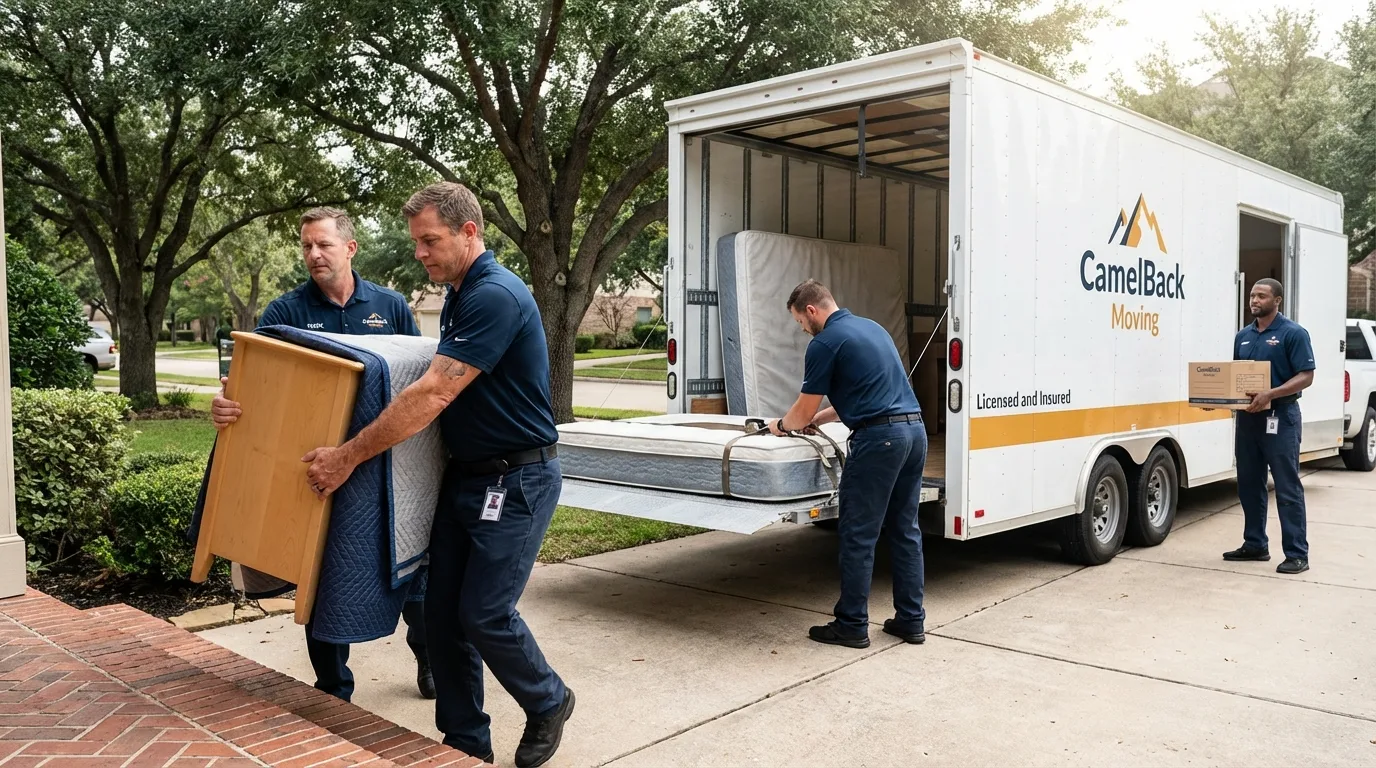 Crew loading residential truck for cross-state move from Holliston, MA
