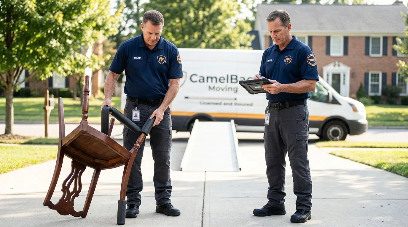 Movers inspecting furniture for damage prevention before loading in Holliston, MA