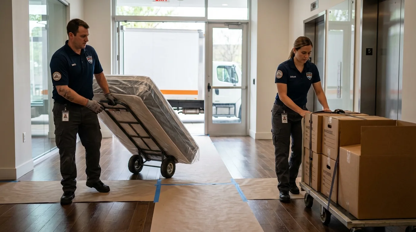 Professional apartment movers loading elevator in Holliston, MA