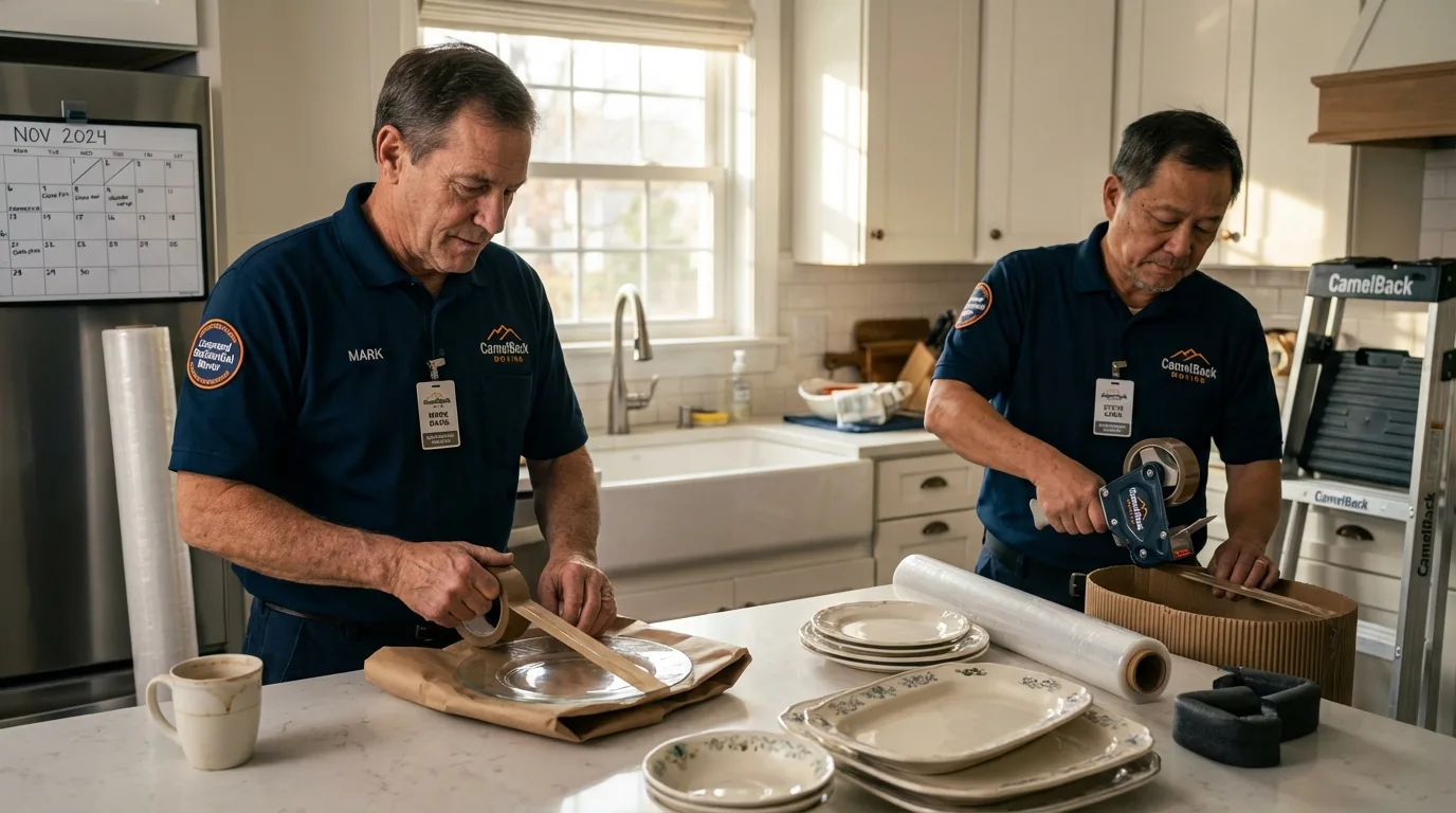 Professional crew packing kitchen dishware in Holliston, MA